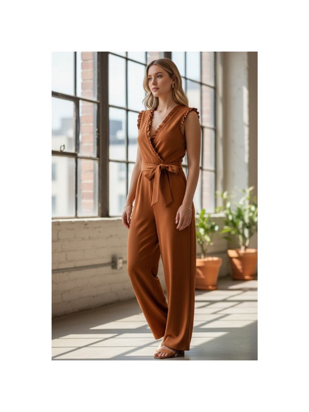 Calvin Klein Brown Ruffle V-Neck Jumpsuit Size 6